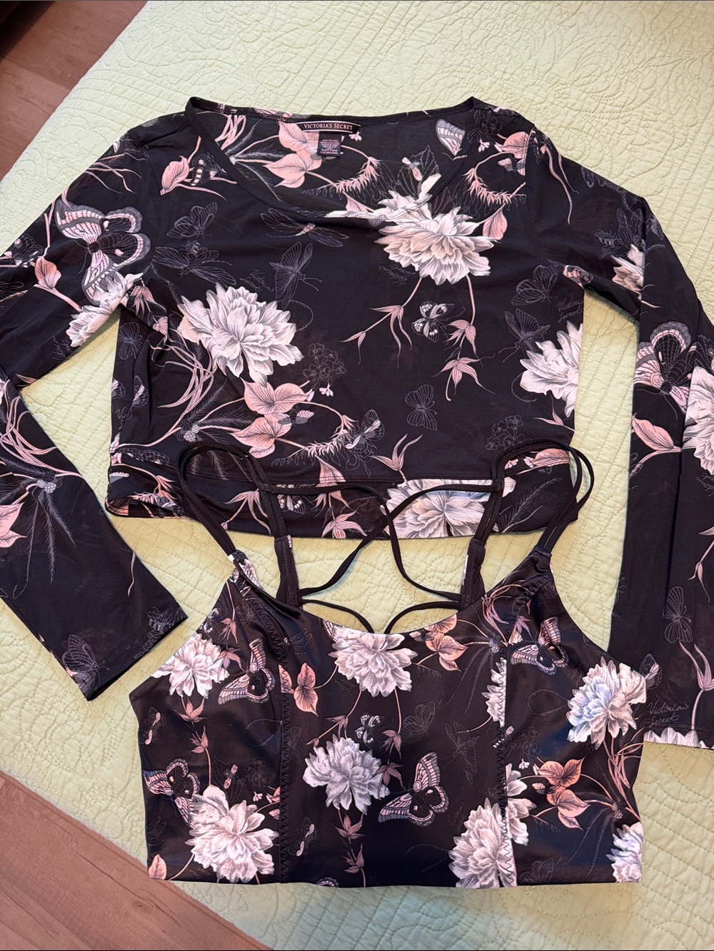 Victoria's Secret Black Mesh Floral & Dragonfly Top set